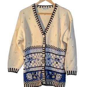 Jumper Floral Cream and Blue Cardigan Cotton Tricot M Cottagecore Casual